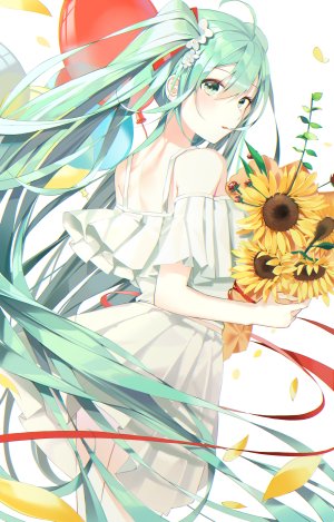 初音ミク,VOCALOID,呆毛,前发,露肩,花束,连衣裙,绿色眼,绿发,发饰,holding,leaf,长发,视线正对,回头看,花瓣,缎带,single,双马尾,白背景