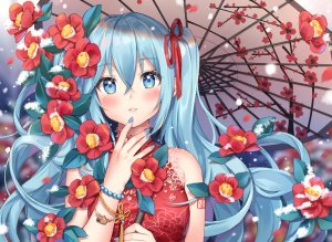 mamemena,初音ミク,VOCALOID,汉服,长发,花瓣,缎带,雪花,tattoo,双马尾,雨伞