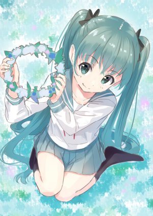 初音ミク,VOCALOID,tsukiman,黑丝,脸红,绿色眼,绿发,holding,长发,长袖,学校制服,水手服,衬衫,短裙,笑顔,single,双马尾