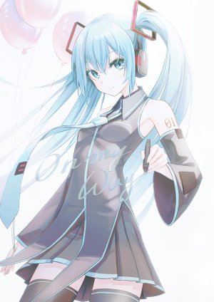 初音ミク,VOCALOID,クモ,露肩,碧眼,胸部,发饰,长发,视线正对,短裙,貧乳,笑顔,single,黑丝,双马尾