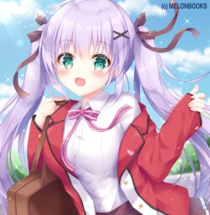 原创,小日向ほしみ,前发,脸红,胸部,衬衫,绿色眼,发饰,长袖,视线正对,開いた口,紫发,缎带,短裙,貧乳,笑顔,single,闪亮,双马尾