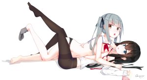 asashio,霞,艦隊これくしょん,sakiter,朝潮,碧眼,脸红,bra,棕色眼,视线正对,nipples,開いた口,胖次,黑丝,缎带,下着,白背景