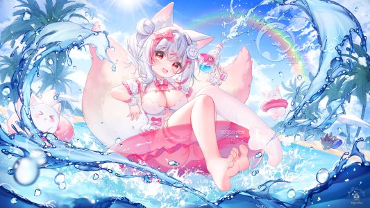独立虚拟YouTuber,兽耳,breasts,cleavage,狐娘,包子頭,发饰,holding,视线正对,粉发,彩虹,红色眼,天空,笑顔,single,泳装,丝袜,Vtuber,白发,白丝