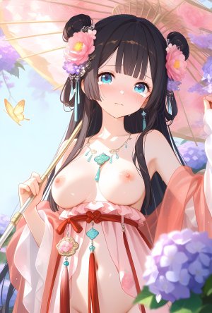 意意斯一二三,R-18,奇迹暖暖,花月瑶,黑发,美少女,古风,萝莉,汉服,清纯可爱,花,AI生成图