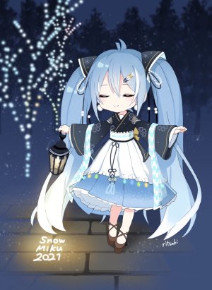 初音ミク,雪ミク,VOCALOID,月りんご,前发,青发,チビ,全身,发饰,holding,和服,ランターン,长发,长袖,短裙,笑顔,single,双马尾