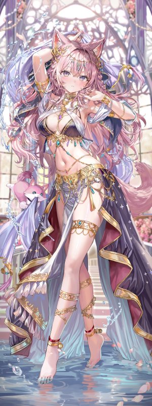 博衣こより,Hololive,momoko,兽耳,脸红,手镯,三股辫,breasts,cleavage,全身,长发,视线正对,露脐,粉发,紫色眼,single,超长发,Vtuber