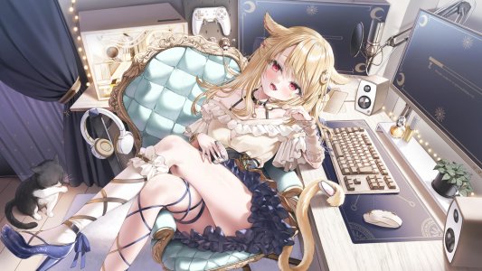 やな森,兽耳,金发,breasts,猫,耳机,開口,红色眼,衬衫,坐姿,短裙,single,Vtuber