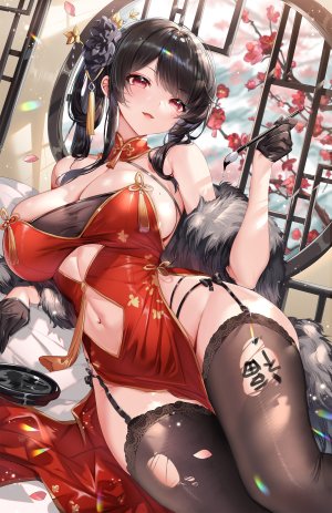 鎮海,碧蓝航线,shanguier,露肩,黑发,breasts,汉服,项圈,cleavage,连衣裙,手套,发饰,holding,长发,视线正对,露脐,開口,胖次,马尾辫,红色眼,坐姿,笑顔,single,丝袜,爆衣,下着