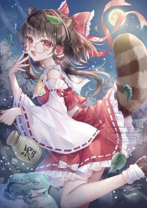 二ッ岩マミゾウ,博麗霊夢,东方Project,小日向ほしみ,动物,兽耳,茶发,Cosplay,カエル,leaf,长发,长袖,视线正对,红色眼,衬衫,短裙,天空,笑顔,single