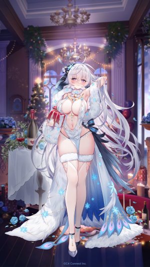 放置少女,sora72iro,露肩,breasts,cleavage,连衣裙,全身,发饰,holding,长发,视线正对,露脐,No-Bra,紫色眼,笑顔,single,丝袜,超长发,白发,白丝,翅膀