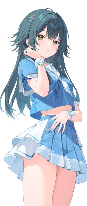 tsukimura_temari,偶像大师,gakuen_idolmaster,kitano_yukito,绿色眼,绿发,发饰,长发,视线正对,褶皱裙,学校制服,水手服,衬衫,短裙,single,白背景