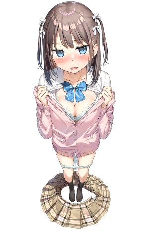 原创,kantoku,single,長身像,脸红,视线正对,短发,前发,開いた口,胸部,碧眼,白背景,双马尾,cleavage