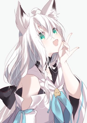 Vtuber,Hololive,白上フブキ,sinsihukunokonaka,长发,single,長身像,视线正对,開いた口,前发,白背景,绿色眼,兽耳,白发,呆毛