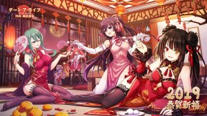 时崎狂三,夜刀神十香,五河琴里,四糸乃,よしのん,DATE·A·LIVE,呆毛,黑发,黑丝,碧眼,青发,胸部,汉服,cleavage,连衣裙,長手袋,手套,绿色眼,绿发,发饰,holding,ランターン,巨乳,长发,横臥,横乳,短裙