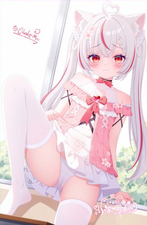 原创,小叶子Miv,呆毛,兽耳,脸红,猫耳,猫娘,连衣裙,发饰,长发,视线正对,胖次,红色眼,single,张腿,丝袜,双马尾,下着,白发,白丝