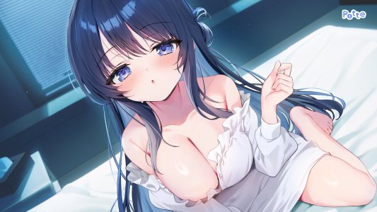 原创,夏月まりな,黑发,青发,脸红,breasts,cleavage,长发,视线正对,紫色眼,坐姿,single