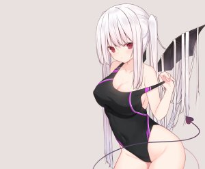 めめっこ,原创,脸红,露胸,cleavage,魔鬼,グレイ,长发,红色眼,泳装,双马尾,白发,翅膀