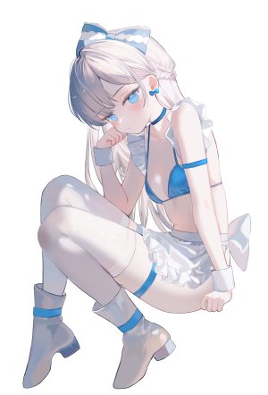 原创,moemoepiano,围裙,水着,碧眼,脸红,三股辫,breasts,项圈,全身,长发,视线正对,single,泳装,丝袜,白背景,白发,白丝