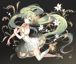 初音ミク,VOCALOID,Nardack,前发,露肩,胸部,项圈,cleavage,连衣裙,全身,绿色眼,绿发,发饰,长发,视线正对,短裙,笑顔,single,黑丝,双马尾,白丝,絶対領域