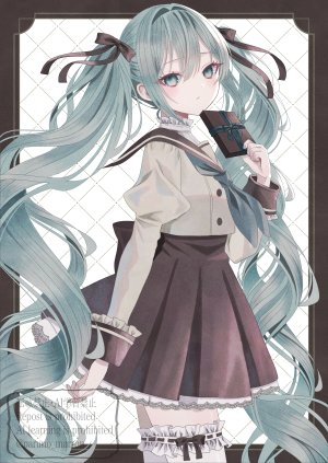 初音ミク,VOCALOID,paruno,脸红,绿色眼,绿发,holding,长发,长袖,视线正对,迷你短裙,衬衫,短裙,single,丝袜,双马尾,超长发,白丝