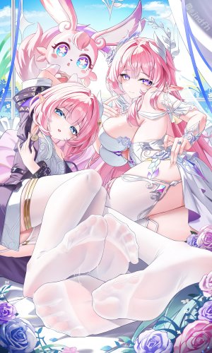 崩坏：星穹铁道,jndfh,碧眼,breasts,连衣裙,光晕,长发,视线正对,横臥,粉发,尖耳,紫色眼,指环,短发,丝袜,超长发,白丝