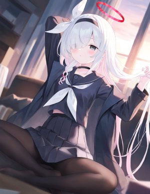 普拉娜,蔚蓝档案,zhuan_yan_ruyan,光晕,裤袜,学校制服,水手服,坐姿,短裙,白发