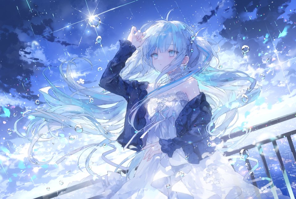 原创 おにねこ 露肩 碧眼 青发 连衣裙 灰发 长发