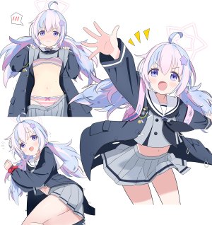 宇沢レイサ,蔚蓝档案,Masushi_Masashi,呆毛,碧眼,青发,bra,发饰,光晕,长发,视线正对,横臥,迷你短裙,露脐,胖次,粉发,褶皱裙,学校制服,衬衫,短裙,笑顔,双马尾,下着,白背景