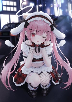 amatsuka_eru,独立虚拟YouTuber,茶乃ひより,兽耳,围裙,全身,手套,光晕,长发,视线正对,迷你短裙,露脐,挤眼,粉发,红色眼,缎带,短裙,笑顔,single,双马尾,Vtuber,翅膀