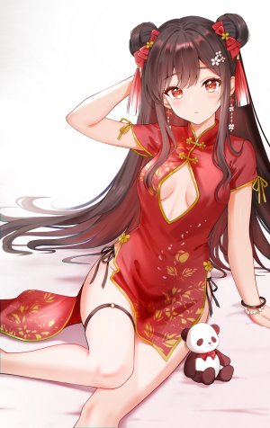 nasii,原创,黑发,breasts,棕色眼,汉服,双团子头,连衣裙,包子頭,发饰,长发,视线正对,single,毛绒玩具,超长发,白背景