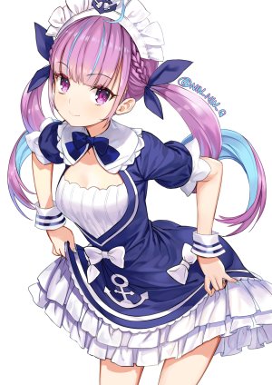 湊あくあ,Hololive,前发,青发,脸红,三股辫,连衣裙,视线正对,紫色眼,笑顔,single,结发,双马尾
