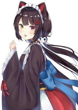 Vtuber,Nijisanji,inui_toko,hujinoyume,长发,single,長身像,脸红,视线正对,黑发,白背景,双马尾,兽耳,女仆,和服女仆