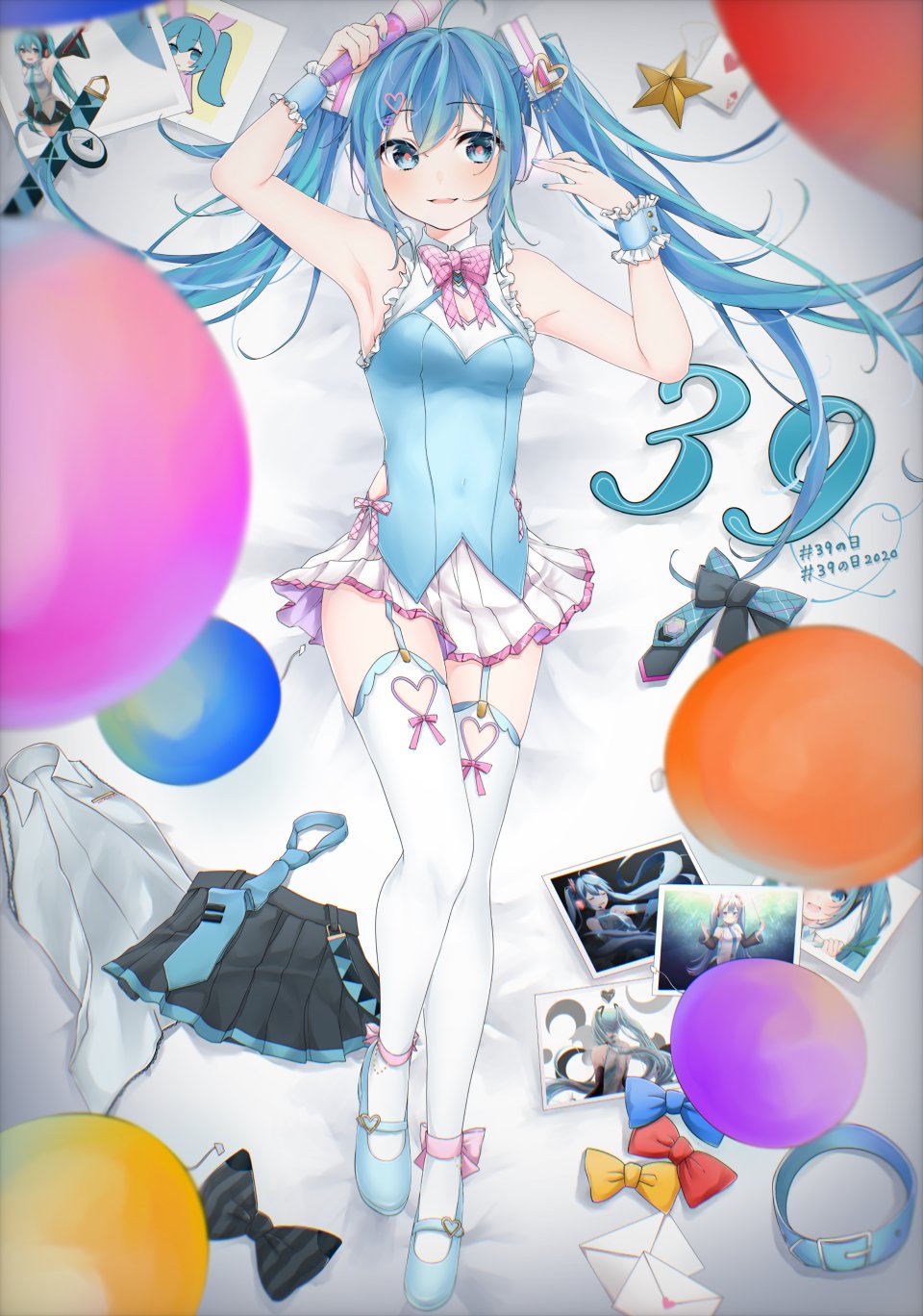 初音ミク VOCALOID Drawing_Kanon 呆毛 碧眼 青发 全身 Holding