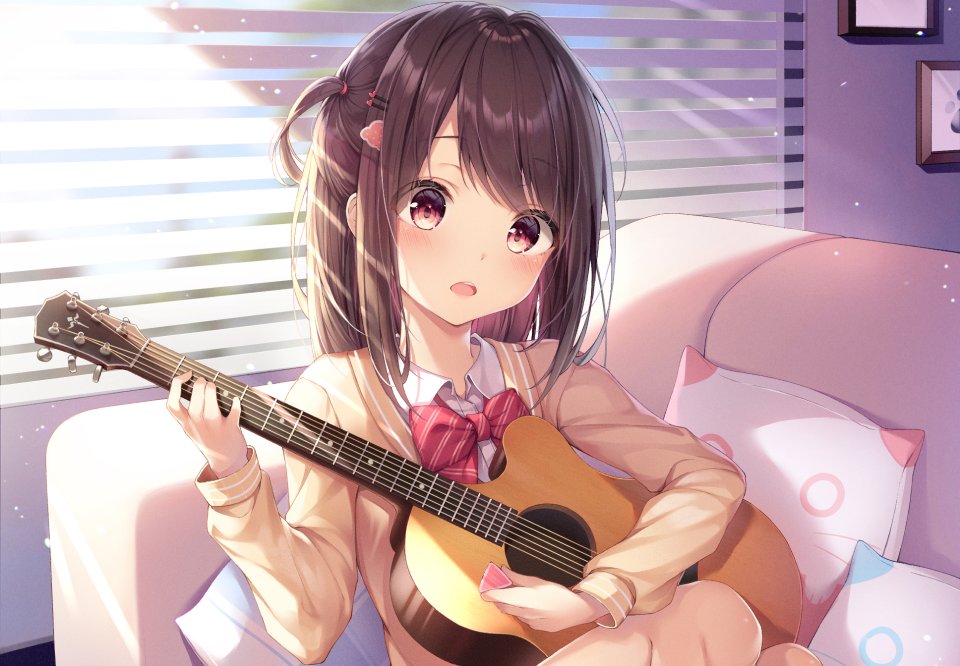 Dangmyo 原创 脸红 茶发 吉他 乐器 红色眼 学校制服