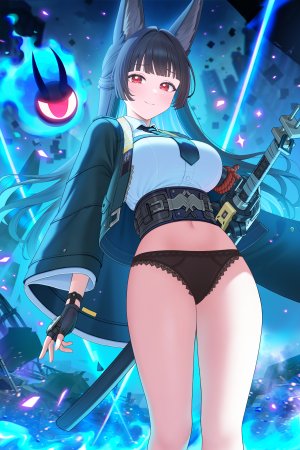 绿茶の袋子,绝区零,星見雅,兽耳,脸红,前发,黑发,武器,蕾丝,胖次