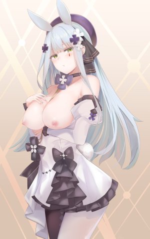 儒宅,hk416,少女前線,兽耳,breast_hold,露胸,兔耳,连衣裙,nipples,No-Bra,黑丝