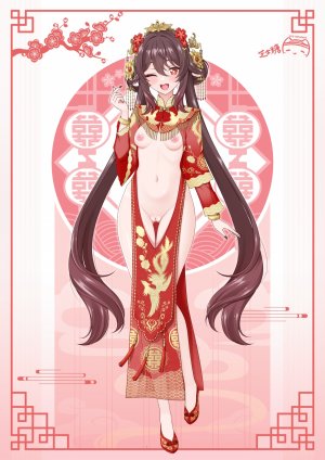 胡桃,原神,ppshex,脸红,手镯,breasts,茶发,全身,发饰,长发,长袖,视线正对,露脐,nipples,nude,挤眼,開口,猫咪,红色眼,笑顔,single,uncensored,超长发,白背景