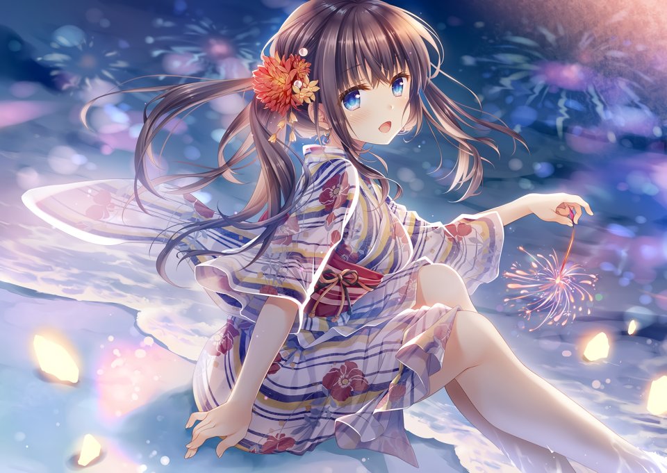 馆川まこ 原创 海滩 脸红 茶发 和服 长发 马尾辫