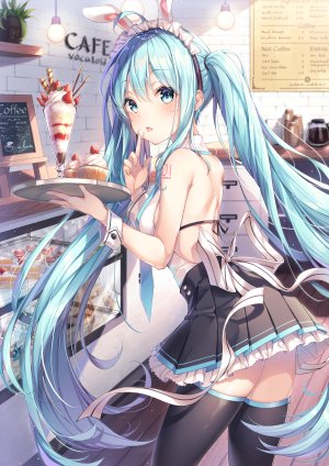 初音ミク,VOCALOID,dangmyo,兽耳,黑丝,碧眼,青发,兔耳,カフェ,长发,视线正对,马卡龙,短裙,single,草莓,tattoo,双马尾