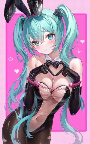 リューノ,初音ミク,VOCALOID,兽耳,捆绑play,兔耳,兔女郎,No-Bra,裤袜,看穿,爆衣