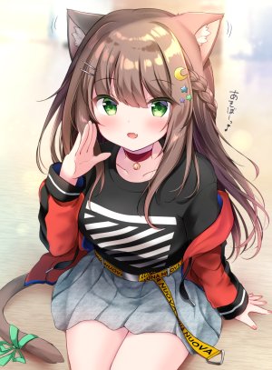 原创,masayo,兽耳,前发,脸红,三股辫,胸部,茶发,猫耳,猫娘,猫尾,项圈,绿色眼,发饰,长发,长袖,横乳,開いた口,短裙,笑顔,single