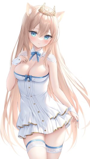 suyamori,兽耳,碧眼,breasts,猫耳,cleavage,连衣裙,长发,视线正对,single,丝袜,白背景,白丝,横乳