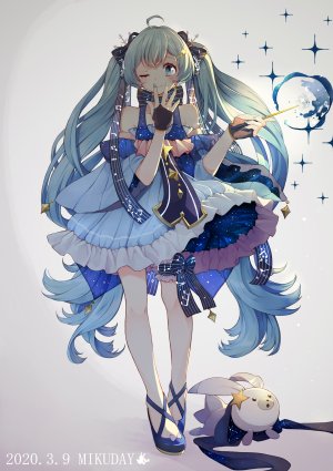 初音ミク,雪ミク,雪未来,VOCALOID,pinkusan,呆毛,脸红,兔子,连衣裙,全身,手套,发饰,长发,闭只眼,双马尾,雪ミク2017