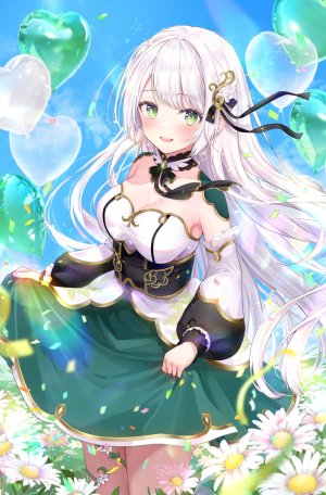 hanenone_cocone,cocoluce,朱坂明紗,breasts,连衣裙,绿色眼,发饰,长发,长袖,视线正对,缎带,短裙,天空,笑顔,single,超长发,Vtuber