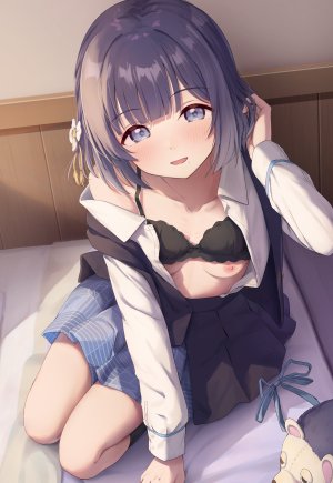 秦谷美铃,偶像大师,学园偶像大师,十安愛七,碧眼,脸红,bra,breasts,发饰,长袖,视线正对,nipples,開口,开衫,褶皱裙,紫发,学校制服,衬衫,短发,坐姿,短裙,笑顔,single,下着