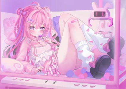 原创,椛島花,呆毛,创可贴,脸红,全身,发饰,holding,长发,长袖,视线正对,横臥,粉发,衬衫,短裙,single,毛绒玩具