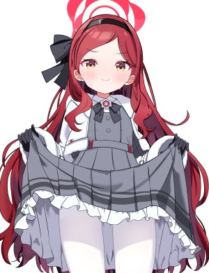 三善タカネ,蔚蓝档案,Masushi_Masashi,脸红,breasts,连衣裙,手套,光晕,长袖,视线正对,裤袜,短裙,笑顔,single,白背景,黄色眼