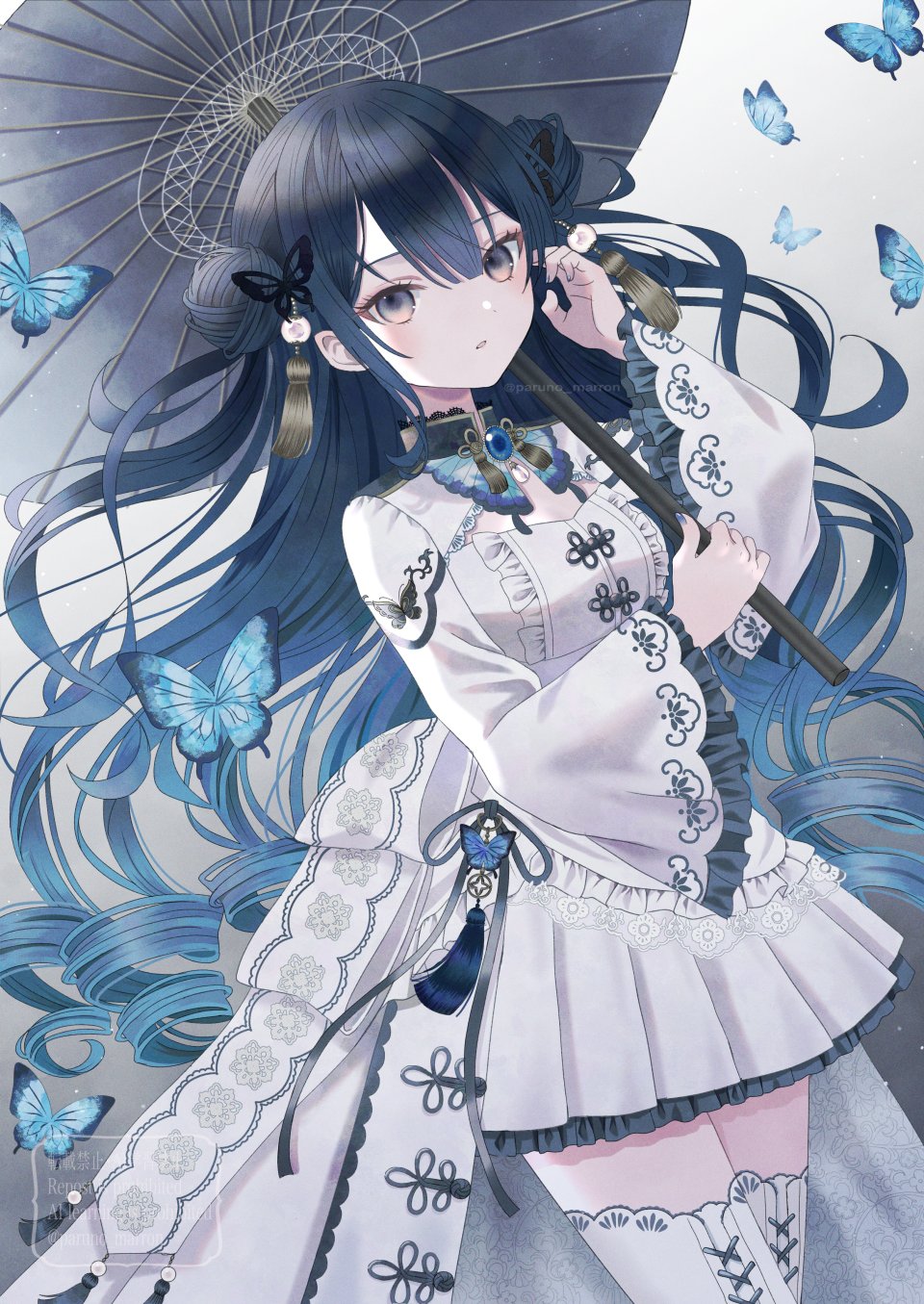 原创 Paruno 黑发 棕色眼 蝴蝶 双团子头 连衣裙 包子頭