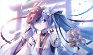 sakakidani,初音ミク,VOCALOID,铃,碧眼,青发,和服,长发,仮面,巫女,双马尾