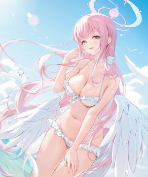 聖園ミカ,蔚蓝档案,ほうき星,水着,breasts,羽毛,光晕,长发,露脐,開口,粉发,天空,笑顔,single,泳装,翅膀,黄色眼